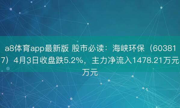 a8体育app最新版 股市必读:海峡环保(603817)4月3日收盘跌5.2%,主力净流入1478.21万元